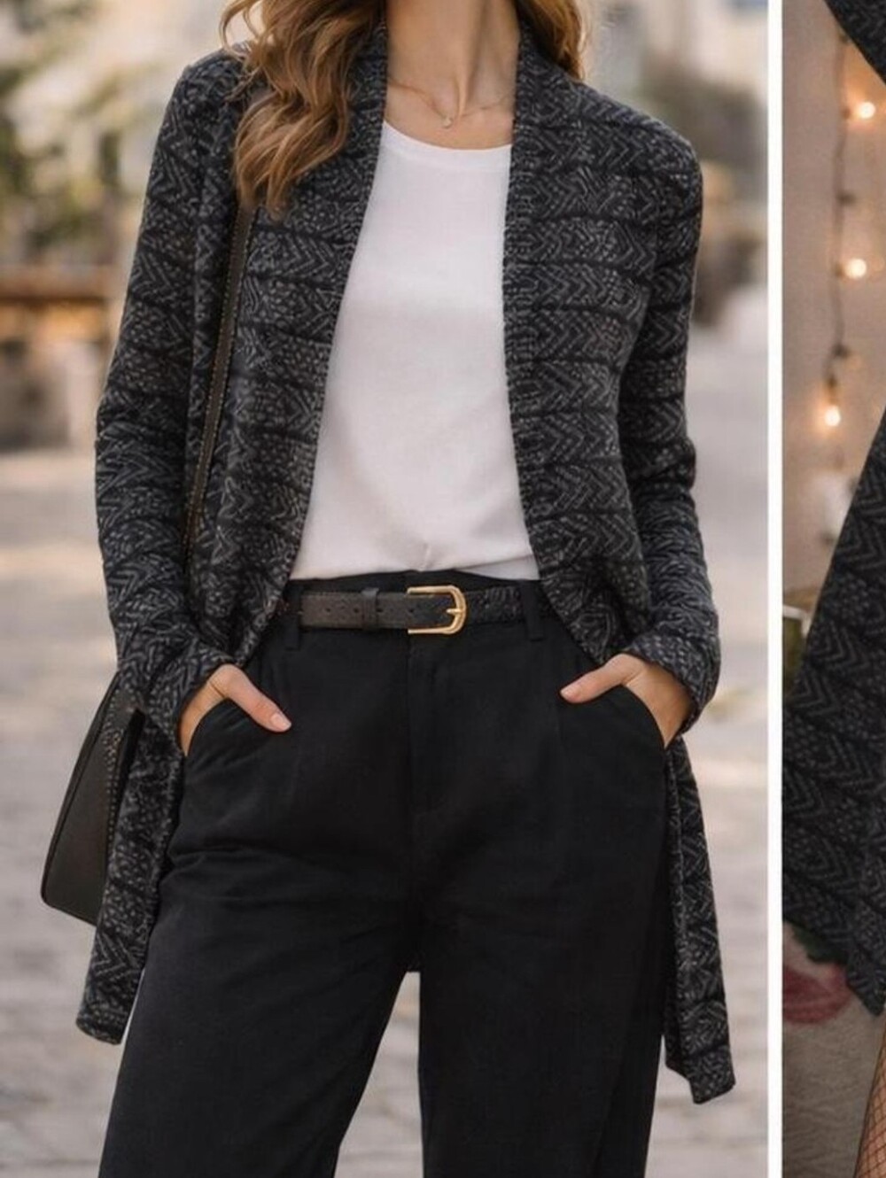 Chiaramente Women's Geometric Knit Open Front Collared Cardigan Sweater M